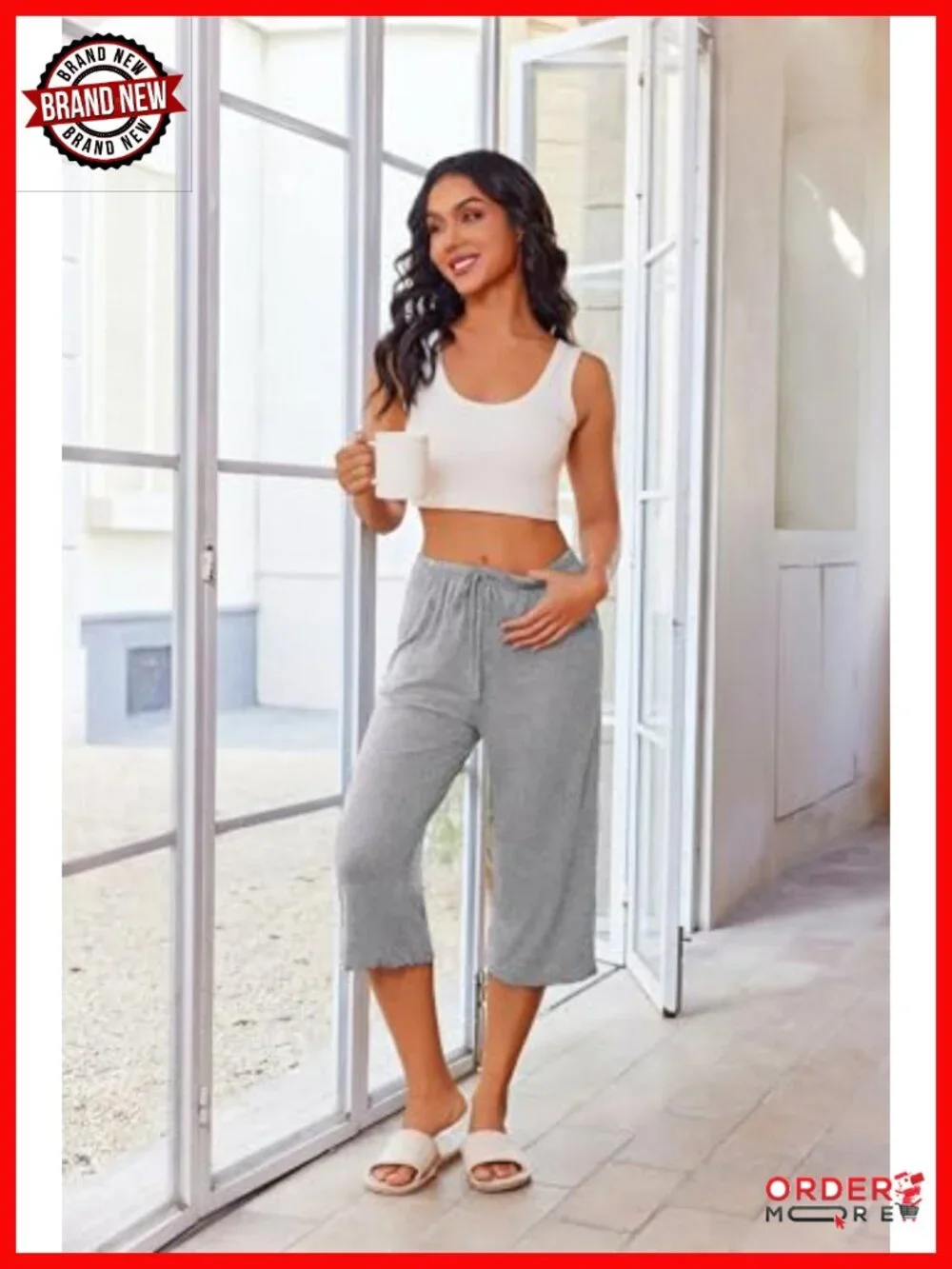 Women's Capri Pajama Lounge Pants 3-Pack Soft Knit Ruffled Trim with Pockets